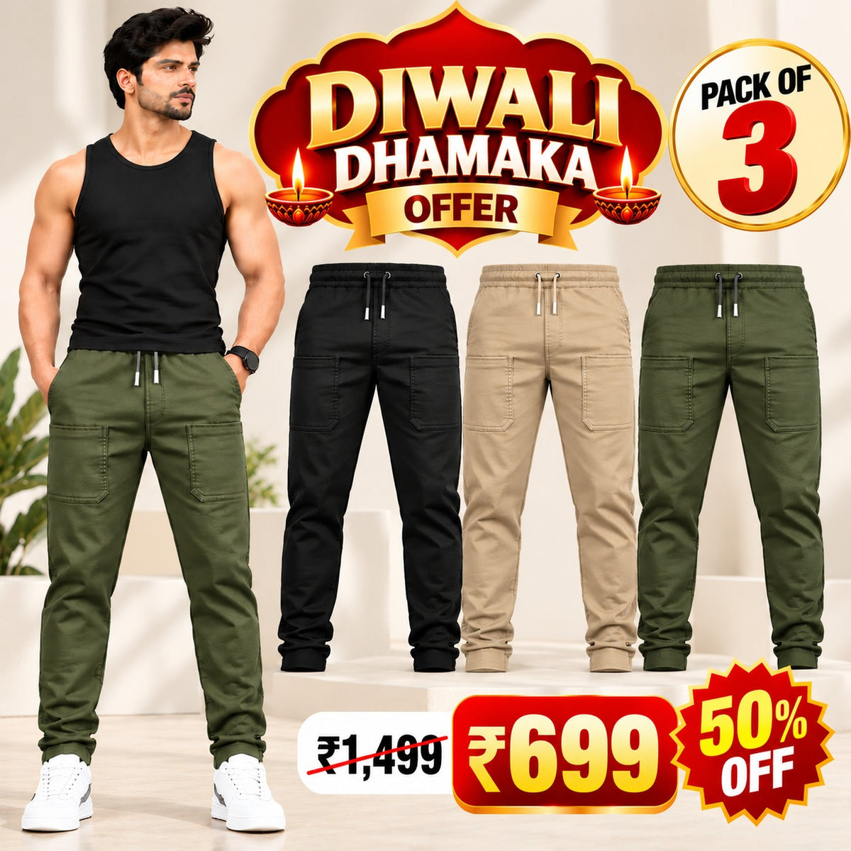 Fabulous Men's High Stretch Skinny Lycra Pants (Pack of 3) - Black, Dark-Blue And Grey Colors