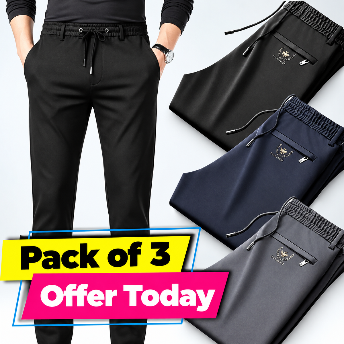 Pack of 3 Offer 😍 Premium-Quality Lycra Pants For Mens | Black, Dark-Blue And Grey Colors
